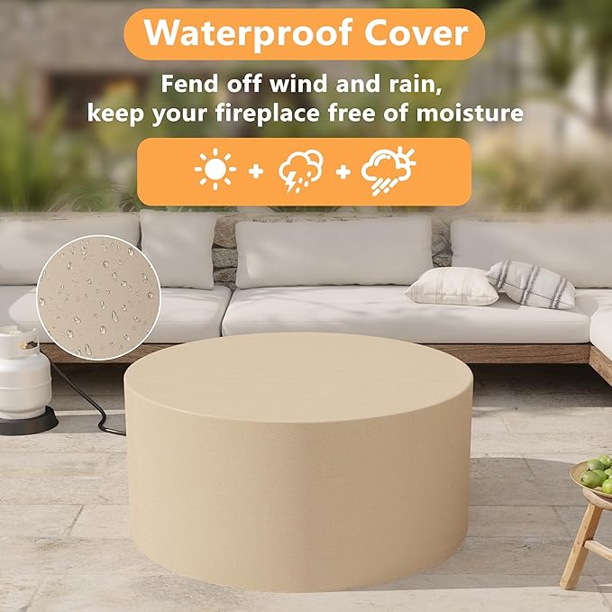 32 inch Outdoor Propane Fire Table, Round Patio Fire Pit Table, 50,000 BTU Gas FirePit with Lid, Cover, Lava Rocks, CSA Certified, White