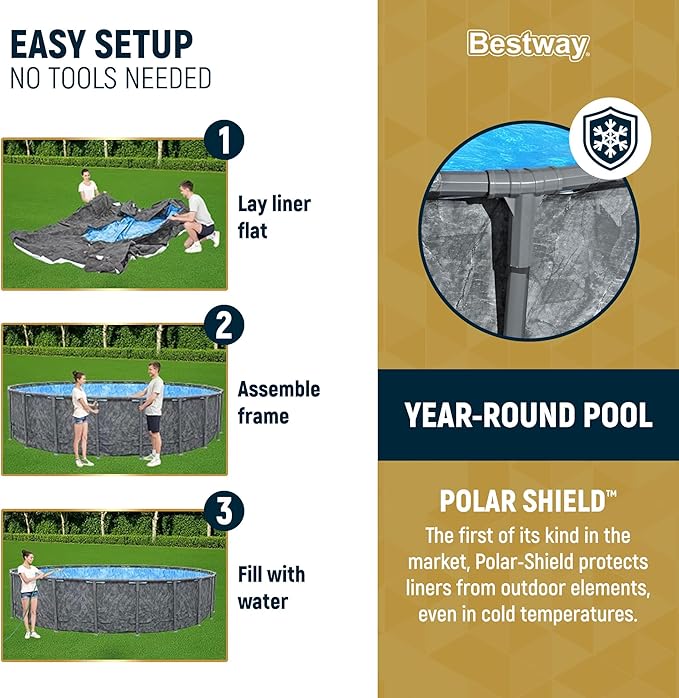 Bestway APX 365 22' x 52" Above Ground Pool, Round Metal Frame Outdoor Swimming Pool Set with Sand Filter Pump, Ladder, and Cover, Dark Marble