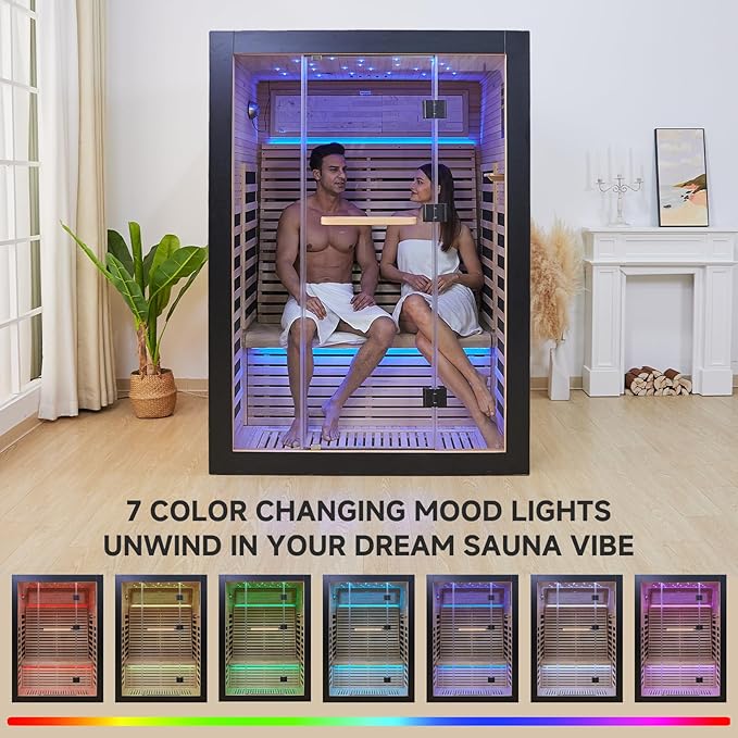 RIGO 2 Person Infrared Sauna for Home - Canadian Hemlock Luxury Spa with Exclusive Star Sky Roof & Oxygen Bar, 7 Low EMF Graphene Heaters, Bluetooth