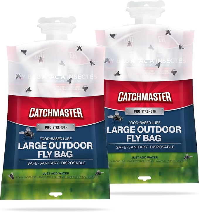 Catchmaster Pro Series Disposable Fly Bag 2-Pack, Hanging Fly Trap Outdoor Home, Bug Catcher and Flying Insect Trap with Premium Food Lure, Pest Control XL Bag for Backyard, Pool, Patio & Camping