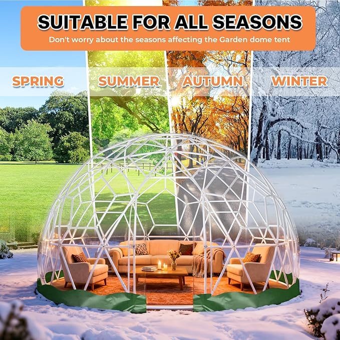Garden Dome Tent 15*9.5FT, 360° View Geodesic Dome Greenhouse with PVC Clear Cover, Waterproof Garden Bubble Dome Tent House with 2 x 10M Light Strings for Outdoor, Green
