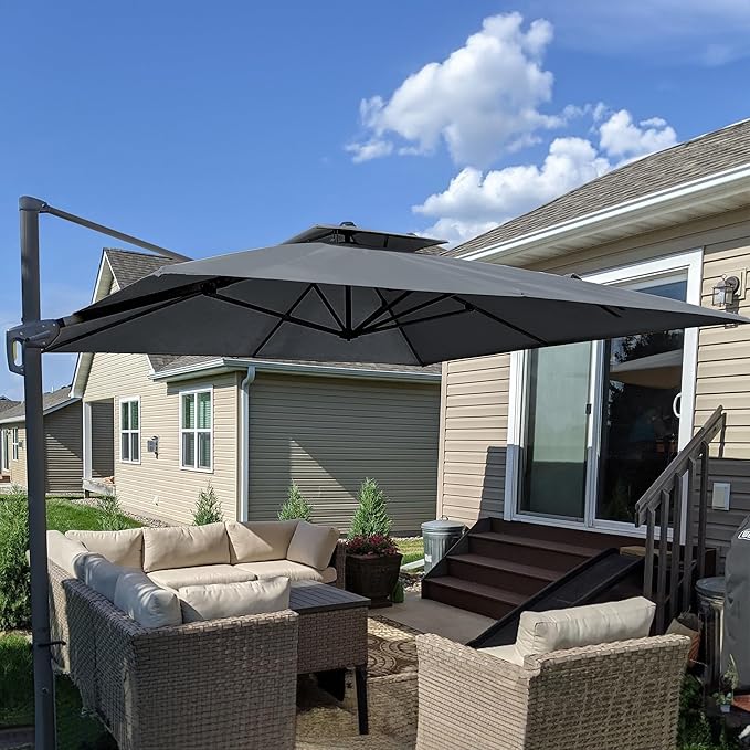 PURPLE LEAF 10 FT Cantilever Patio Umbrella Outdoor Umbrella with 220lbs Base Large Square Windproof Offset Umbrella for Pool Deck Garden, Mist Grey