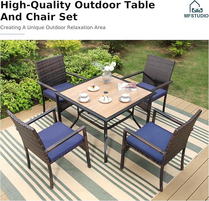 MFSTUDIO 5 Piece Patio Dining Table Set for 4, 37" Square Outdoor Metal Table & Wicker Chairs, Patio Dining Furniture Wood-Like Table and Chairs for 4, Deck, Yard, Porch