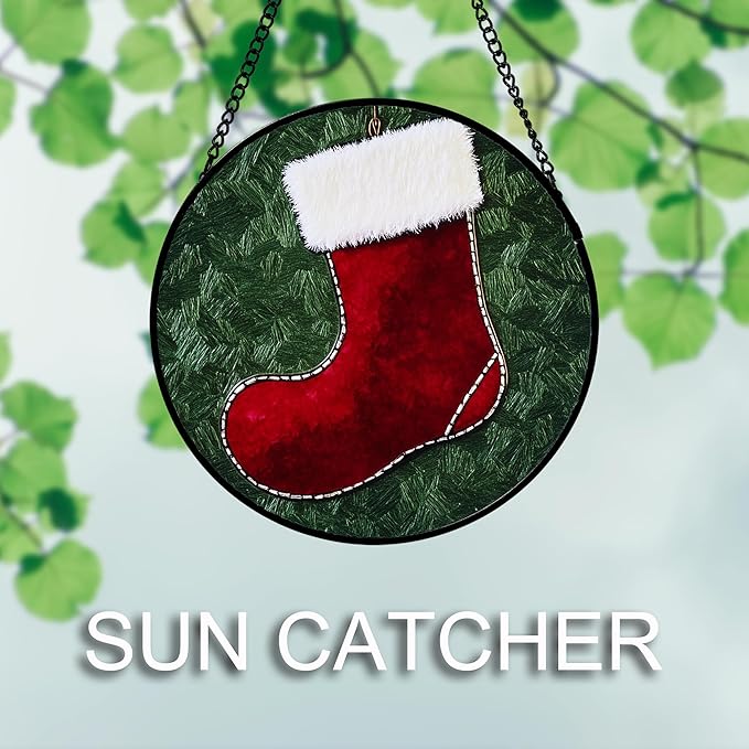 AMDERVEN Stained Glass Window Hanging 4 Pcs Set Red Christmas Stockings and Gingerbread 6.3" - Suncatcher Door Garden Sun Catcher Decor Birthday Mother's Day Xmas Gifts for Mom Woman Nana Men