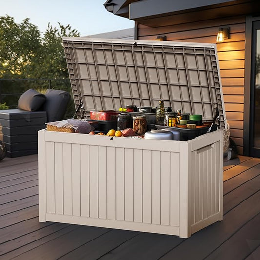 ROJIK Outdoor Storage Housing Deck Box - Waterproof Patio Furniture, Garden Tools, Cushions, Pool Accessories Storage Bench with Lockable Lid and Side Handles (Grey 238 Gal)