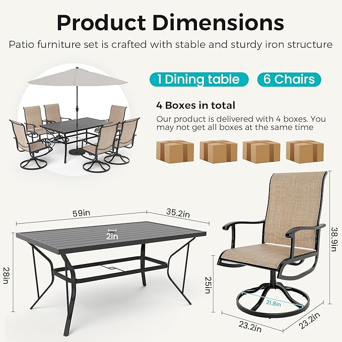 7-Piece Outdoor Dining Set, Patio Furniture Set with Textilene Swivel Chairs,Outdoor Table & 6 Chairs for Garden, Backyard, Poolside, Deck, Beige