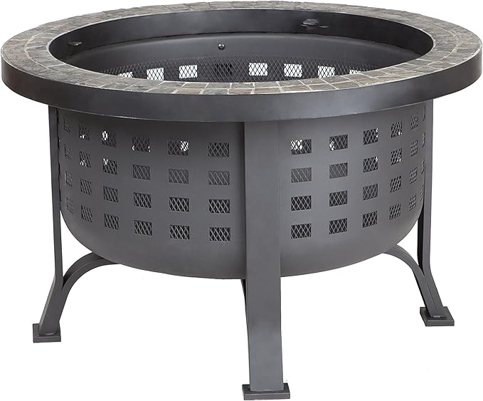 Fire Sense 62240 Fire Pit Alpina Slate Top Wood Burning Lightweight Portable Outdoor Firepit Backyard Fireplace for Camping Bonfire Included Screen Lift Tool & Cooking Grate - Round - 24"
