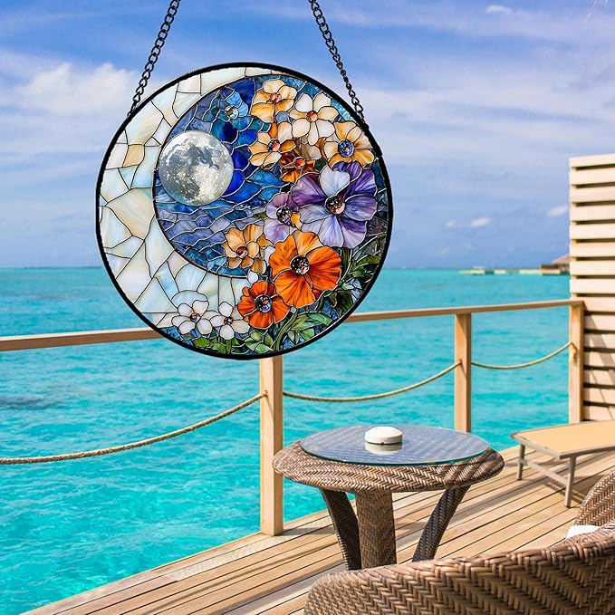 JOSUMALY Stained Glass Window Hanging - Blue White Moon Suncatcher for Door Terrace Garden Home Decor Colorful Flowers Sun Catcher Birthday Gifts for Lovers Women Men Dad Mom Nana 6.3 in
