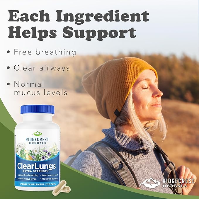 RidgeCrest Herbals ClearLungs Extra Strength, Daily Health Supplement, Natural Lung and Nasal Wellness Formula for Bronchial, Respiratory, Immune, Sinus, and Mucus Support (120 Vegan Caps, 60 Serv)