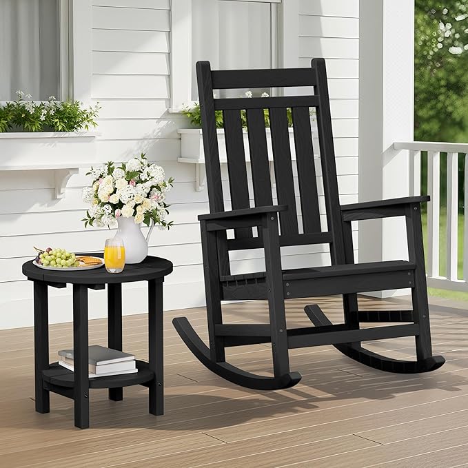 SERWALL Round Outdoor Side Table Set of 4, HDPE Small Adirondack Double End Table, Black