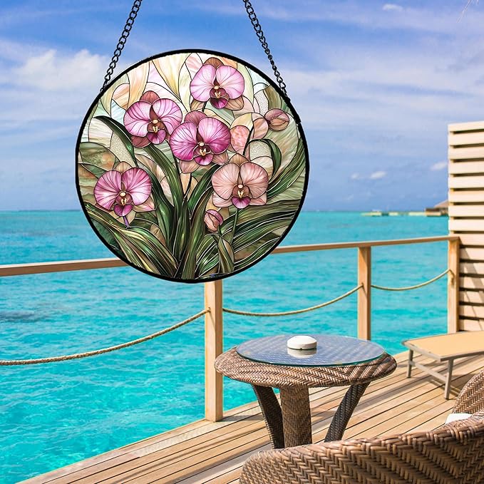 AMDERVEN Stained Glass Window Hanging - Pink Phalaenopsis Orchid Green Leaves Sun Catcher for Door Home Decor Flower Suncatcher Christmas Mother's Day Birthday Gifts for Women Men Mom Nana 15 in