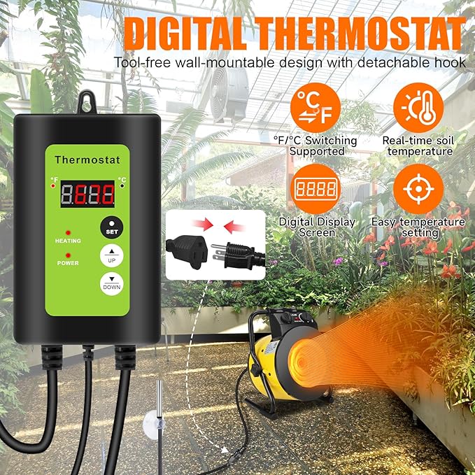 Greenhouse Heater with Thermostat, 1500W Outdoor Heaters for Patio, Fast Heating, Overheat Protection, Electric Space Heaters for Greenhouse, Grow Tent, Patio, Garage, Indoor（Yellow）