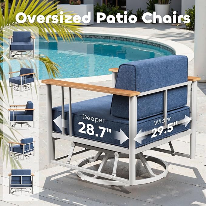 Luxury Swivel Patio Chairs with 6" Extra Thick Cushions, Outdoor Swivel Chairs with Side Table, Outdoor Patio Bistro Glider for Porch, Balcony, Deck, Patio, Yard, Poolside, White/Blue