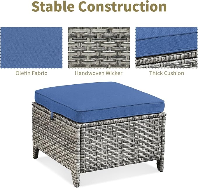 Outdoor Patio Furniture Sofa Set - 3 Pieces PE Wicker Patio Furniture Section Couch with Multifunctional Ottoman, All Weather Patio Conversation Set for Deck Balcony Garden Gray/Blue