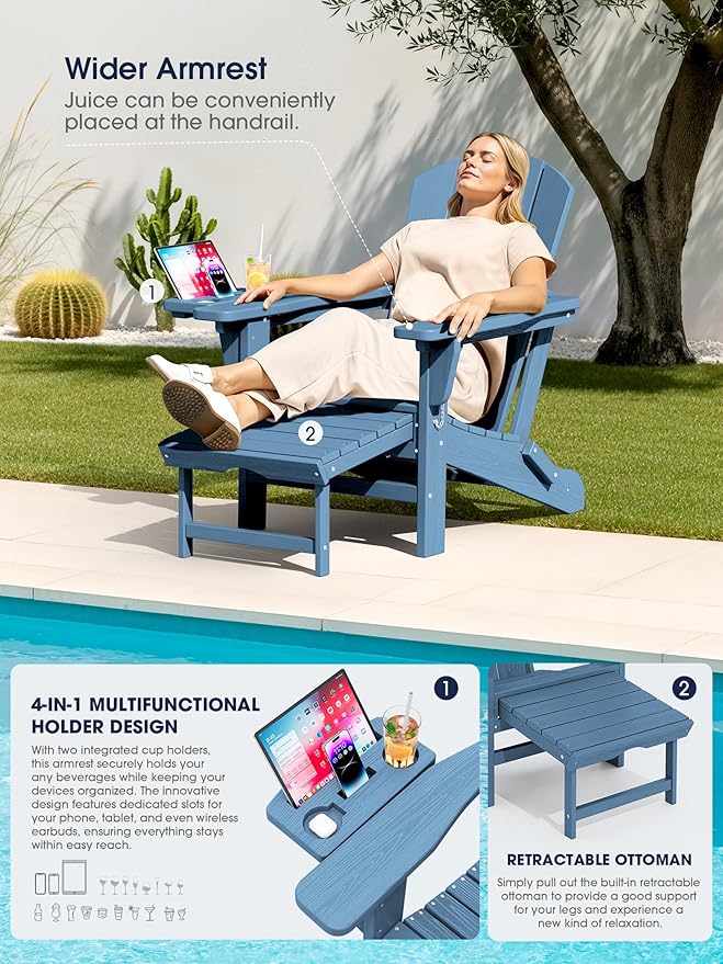 KINGYES Adjustable Folding Adirondack Chair with Footrest & 4-in-1 Multi-Functional Armrest Organizer Set of 4, HDPE Foldable Reclining Adirondack Chair with Pull-Out Ottoman, Blue