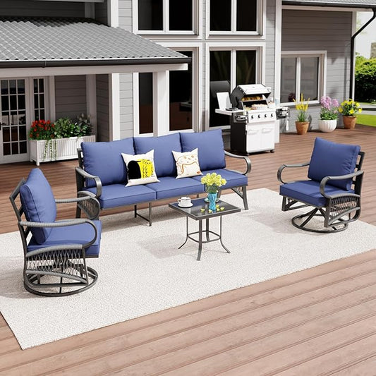 4 Piece Patio Furniture Set, All Weather Metal Outdoor Conversation Set with Swivel Chairs, Thick Cushions and Coffee Table for Garden, Porch, Lawn, Blue