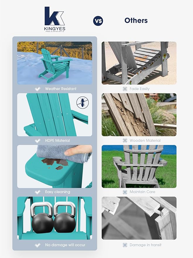 KINGYES Folding Adirondack Chair Set of 6, Dual Cup Holders & All-Weather HDPE, Wood-Like Patio Chair for Backyard, Camping, Pool & Fire Pit, Aruba