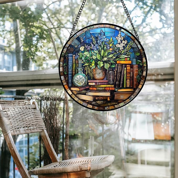 QZQCBLC Stained Glass Window Hanging Teal Flower Vintage Books 7.8" - Blue Suncatcher Door Garden Sun Catcher Home Decor Birthday Christmas for Mom Men Woman Nana Friend