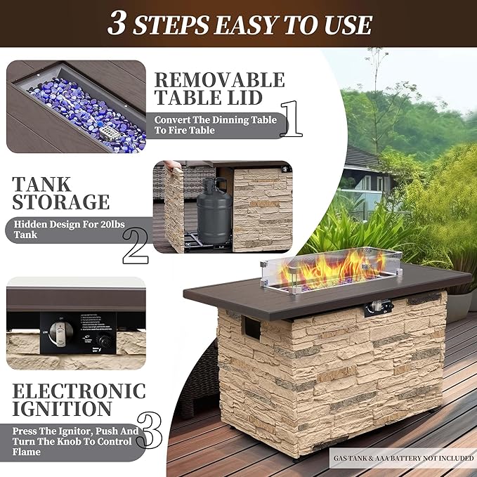 PIZZELLO 43¡± Propane Fire Pit Table Outdoor Rectangular Stone Firepit Table 50,000 Btu Propane Fire Tables for Outside Patio with Glass Wind Guard, Lid, Fire Glass Beads,Buff Rock Look
