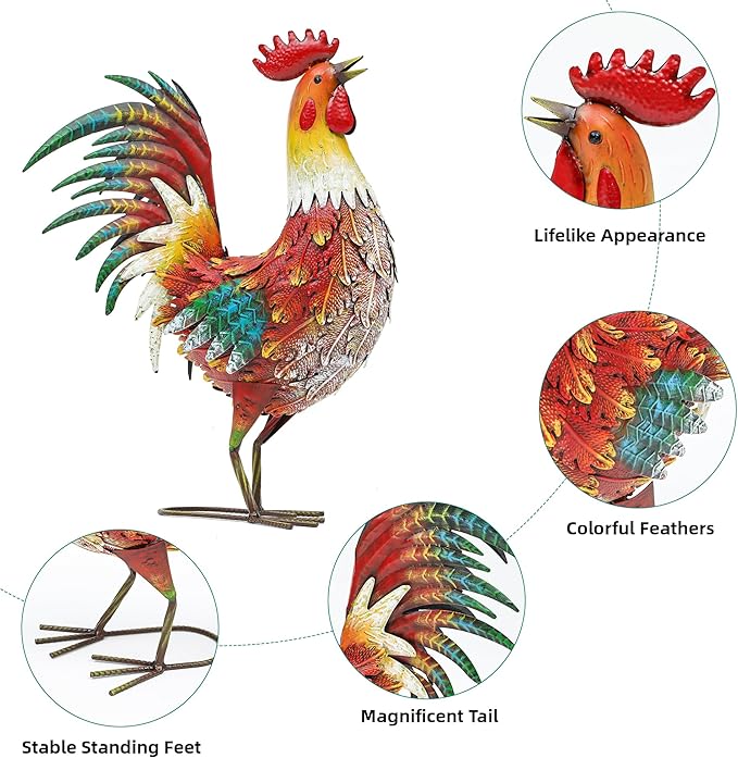 Autodaya 21" Metal Rooster Yard Decor, Outdoor Garden Statues, Metal Chicken Sculpture for Backyard Patio Kitchen Decor