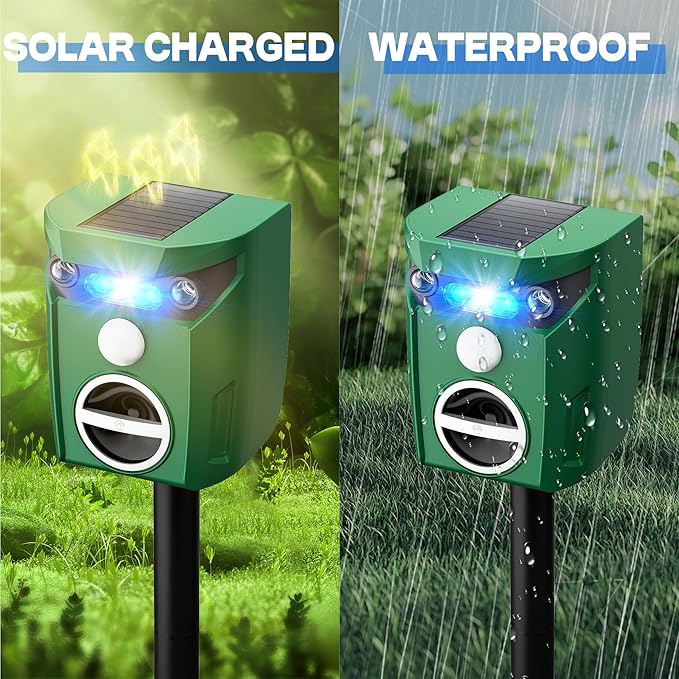 2 Pack Motion Activated Cat Repellent, Outdoor Weatherproof Deer Repellent Device with Flashing Lights & Alarm Solar Ultrasonic Animals Repellent for Cats, Dogs, Raccoons, Rabbits, Squirrels, Skunks
