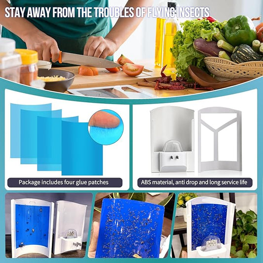 Flying Insect Trap with 4 Refills - Plug-in Bug Catcher for Gnats, Fruit Flies, Moths | Blue & UV Light | Mess-Free Adhesive Disposal Bug Zapper for Home, Office