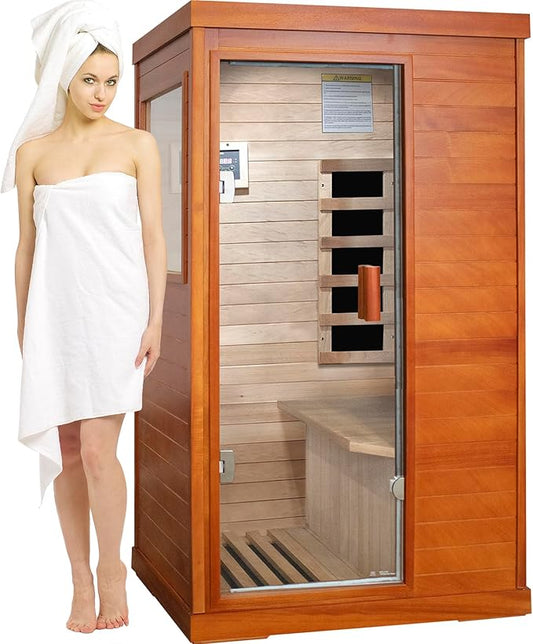Far Infrared Sauna Home Saunas Spa Room,Low EMF Okoume Wooden Indoor Dry Sauna,Ideal for 1 Person Home Sauna with Bluetooth Speaker,Christmas Birthday Gift for Family Friends