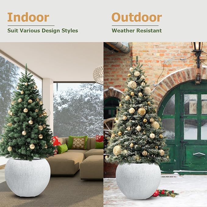 9.7"H x 12"D Globo Fiberstone Round Planter, Christmas Tree Planter, Weather Resistant, Ribbed Finish, Planters for Indoor Plants & Outdoor, Extra Coco Mats (Speckled White,7.8" Pot Opening)
