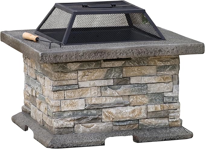 29 Inch Outdoor Fire Pit Table, Wood Burning Fire Pit for Patio with Spark Screen, Fire Poker, MGO Square Fireplaces for Camping, Garden, Backyard, Bonfire Party, Stone Gray