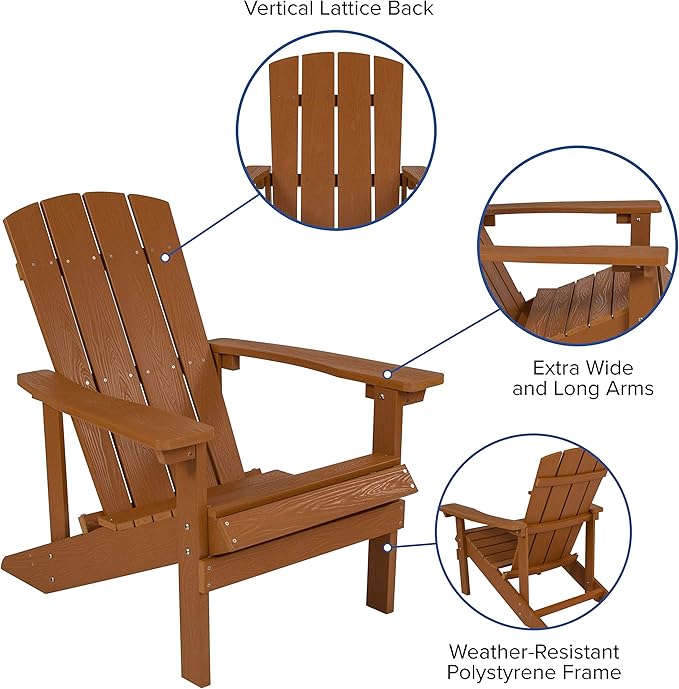 EMMA + OLIVER Campfire Set - Two Teak Poly Resin Adirondack Chairs - 29" Star and Moon Fire Pit with Mesh Cover - Weather Resistant - Wood Burning Fire Pit