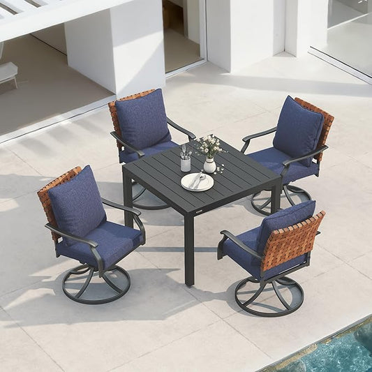 Grand patio 5-Piece Outdoor Dining Set, 4 Leather-Look Wicker Blue Swivel Patio Chairs & 1 Expandable Dining Table, Black