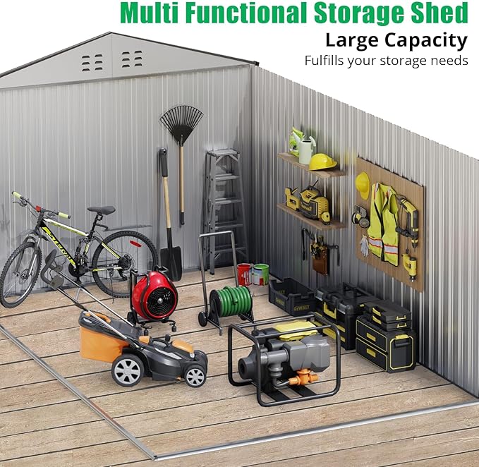 8X12 FT Metal Outdoor Storage Shed, Large Galvanized Steel Garden Tool Shed with Lockable Double Doors & Ventilation - Weatherproof Shelter for Bicycles, Lawn Mowers, Tools in Backyard