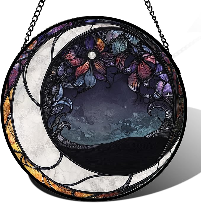 JOSUMALY Stained Glass Window Hanging - Black and White Moon Sun Catcher for Door Terrace Garden Home Decor, Abstract Plant Flower Suncatcher Birthday Gifts for Lovers Women Men Dad Mom Nana 11.8 in