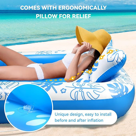 Inflatable Tanning Pool Lounger Float with Cervical Pillow - Pool Floats Adult for Sunbathing, Backyard, Pool Party - Inflate Ball Pit for Babies - Kids Swimming Pool Bed