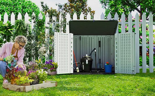 ADDOK Horizontal Storage Shed Weather Resistance, Large Outdoor Storage Cabinet Lockable, Thick HDEP Plastic Storage Unit for Backyards, Patio, Garden(26 Cu.ft/Ivory White)