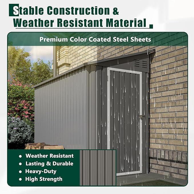 8x4 FT Outdoor Storage Shed, Metal Shed with Lockable Door, Sloping Roof, All-Weather Lean to Resin Shed for Garden, Backyard, Patio, Lawn (Gray)