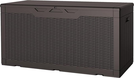 JUMMICO 100 Gallon Resin Deck Box, Waterproof Outdoor Storage Box with Lockable Lid for Garden Tools, Patio Cushions (Brown)