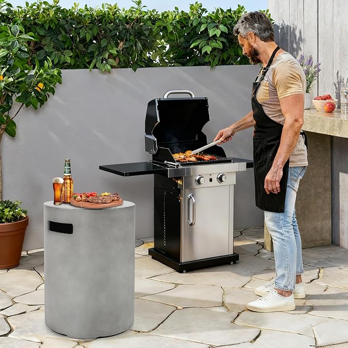 Propane Tank Cover Table, Modern Outdoor Gas Tank Covers, 20LB Concrete Tank Storage Box Hideaway Table for Propane Gas Fire Pit and Round Tank Holder with Handles (Gray) φ16 X 20inch