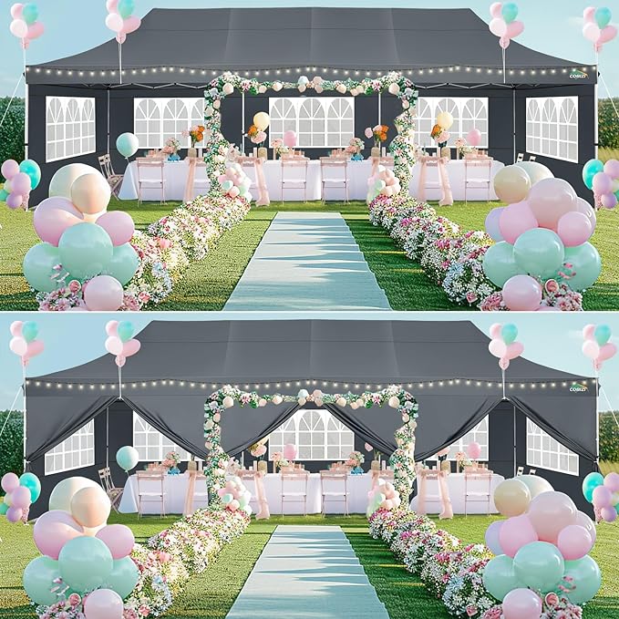 COBIZI 10x30 Pop up Canopy with 8 Removable Sidewalls, Outdoor Canopy Waterproof Commercial Tents for Parties Wedding, with Upgrade Raised Top Cover and Roller Bag, with 4 Sandbags(Gray)