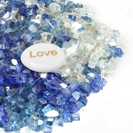 20Ib Fire Glass for Fire Pit - 1/2 inch Reflective Fire Glass Rocks for Propane and Gas Fireplace, Blue Firepit Glass with Inspiration Stone - Blue Mixed