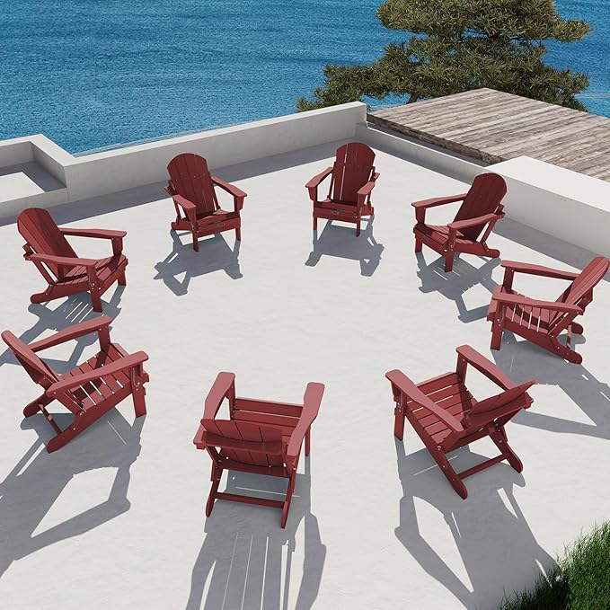 SERWALL Folding Adirondack Chair Set of 8 Weather Resistant for Patio -Red