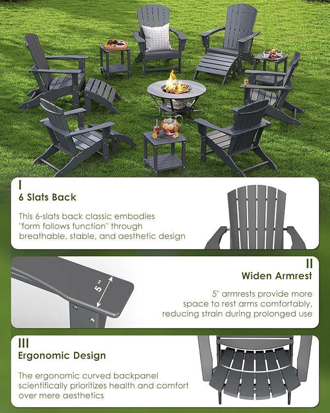 GREENVINES Adirondack Chairs Set of 6 | HDPE Plastic | Oversized Fire Pit Chair | All Weather | Grey | Poly Lumber | for Outdoor Deck Backyard Patio Garden