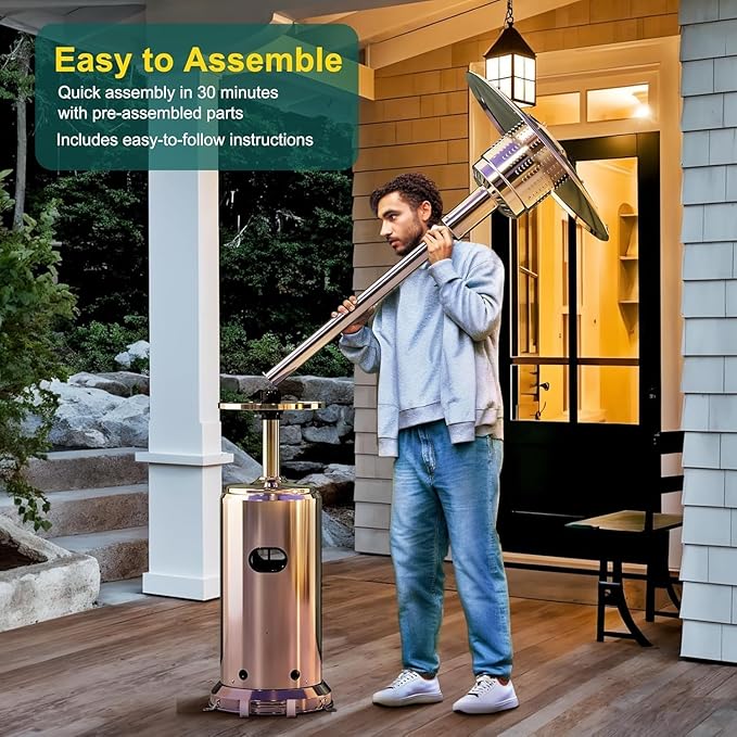 48000BTU Outdoor Propane Patio Heater with Wheels, Triple Safety Protection, Stainless Steel Burner, Includes Round Table for Porch, Camping, Backyard Use, Silver