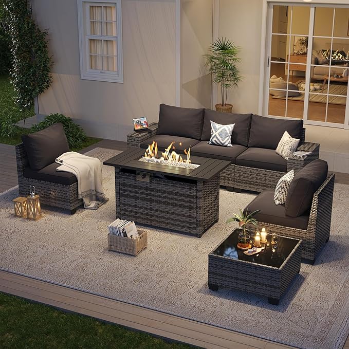 Aoxun Outdoor Patio Furniture Set with 44'' Fire Pit Table, 7 Pcs Outdoor Patio Furniture Sets with 4in Thicken Cushion, Widen Armrests Wicker Outdoor Sectional for Backyard (Waterproof Cover Include)
