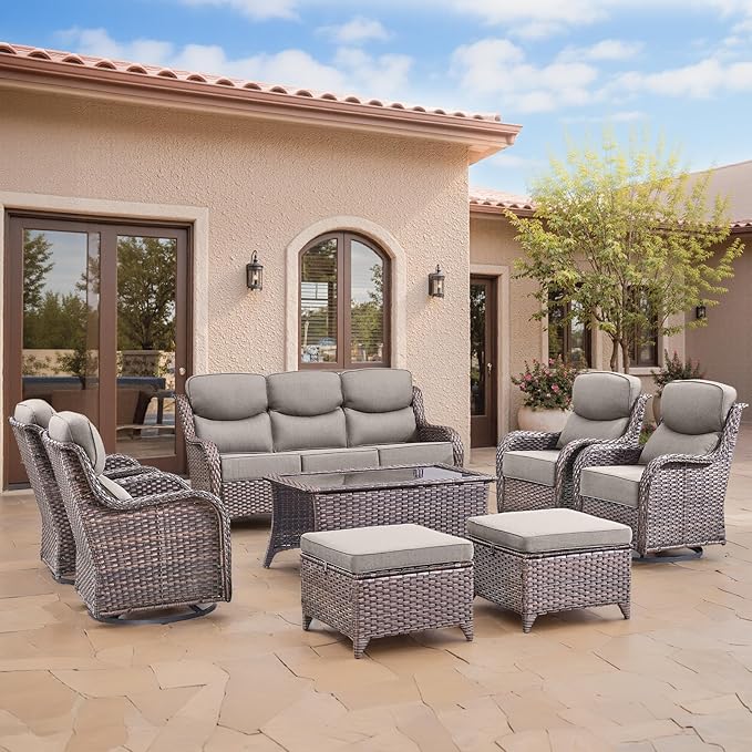 Luxury Patio Sofa 3-Seat Wicker Couch with 6" Thick Cushion - Outdoor Furniture Rattan Sofa with Deep Seating High Back Outdoor Sofa for Patio Garden Balcony Sunroom Backyard, Brown Grey