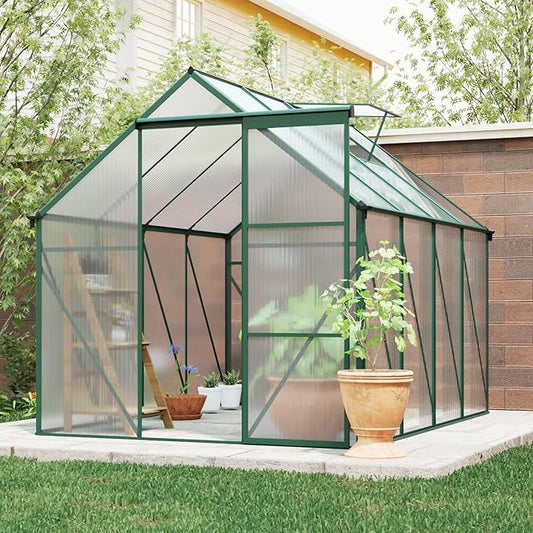 6×8 FT Outdoor Greenhouse for Backyard, Polycarbonate Walk-in Green House with Aluminum Frame, Raised Base, Sliding Door & Adjustable Roof Vent, Greenhouses for Outdoors Winter Use, Green
