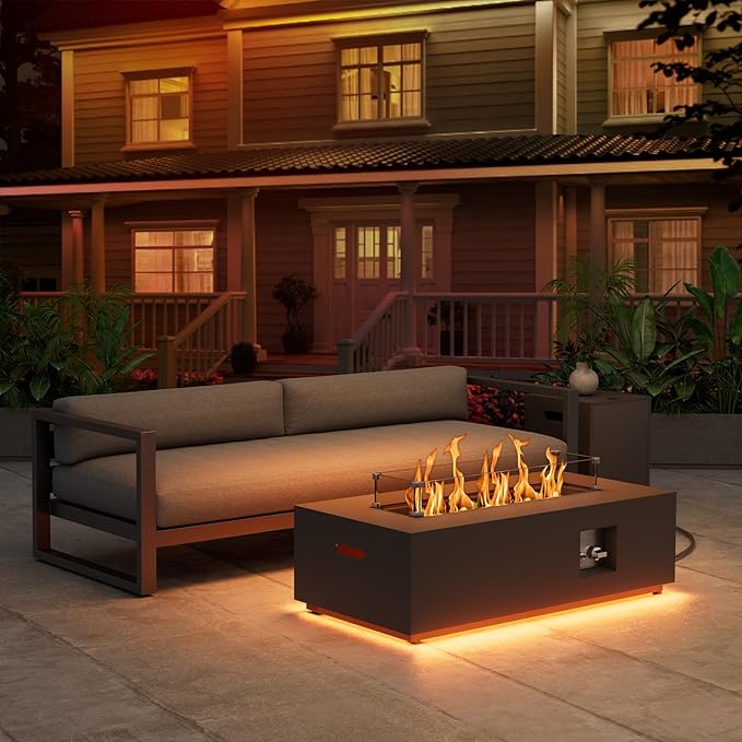 42" Propane Fire Pit Table with LED Light - 50,000 BTU with Wind Guard, Lid, Rocks and Cover - Propane Fireplace Table - Gas Fire Pits for Patio and Deck (Black/Golden Light, 42" LED)