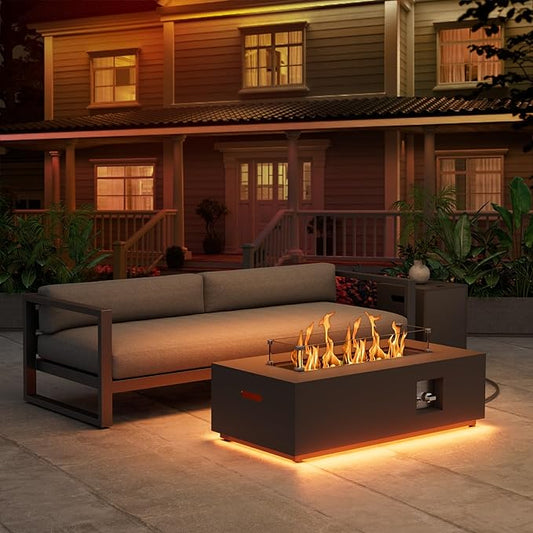 42" Propane Fire Pit Table with LED Light - 50,000 BTU with Wind Guard, Lid, Rocks and Cover - Propane Fireplace Table - Gas Fire Pits for Patio and Deck (Black/Golden Light, 42" LED)