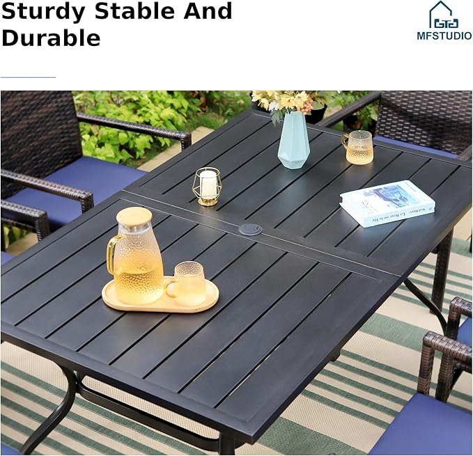 MFSTUDIO Outdoor Table and Chairs for 6, 7 Piece Heavy Duty Outdoor Dining, Metal Rectangular Table & Swivel & Fixed Chairs, All Weather Patio Dining Furniture for Deck, Backyard