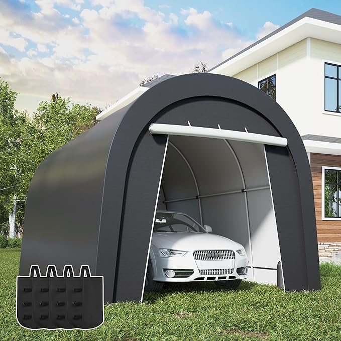 Kiss the Water Domed Carport with 4 Cloth Bags, Portable Garage with 2 Roll-up Doors, Heavy Duty Car Canopy Party Tent, All-Season Storage Shelter Shed for Cars, Truck, or Garden Tools, 10' x 15'